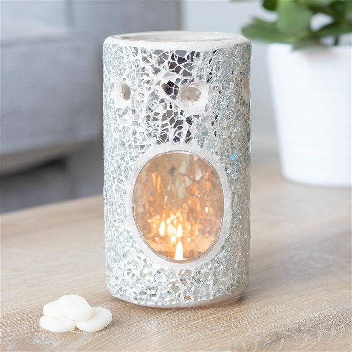 Silver Pillar Crackle Glass Wax and Oil Burner BOXED