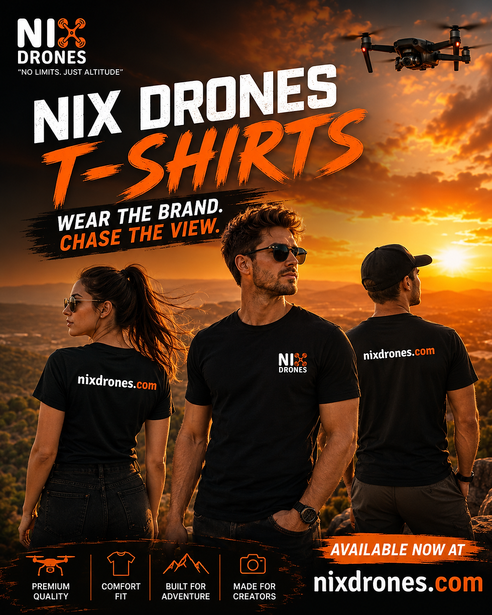 Models wearing black Nix Drones T-shirts at sunset, showing the chest logo and nixdrones.com branding on the back.