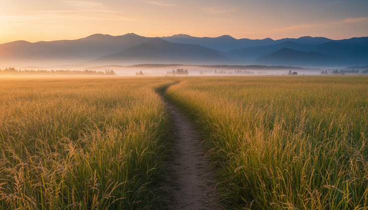 Wide-angle view of a winding trail leading toward mountains at sunrise