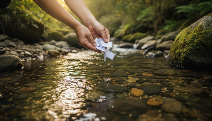 Close-up of hands releasing small paper notes into a shallow stream