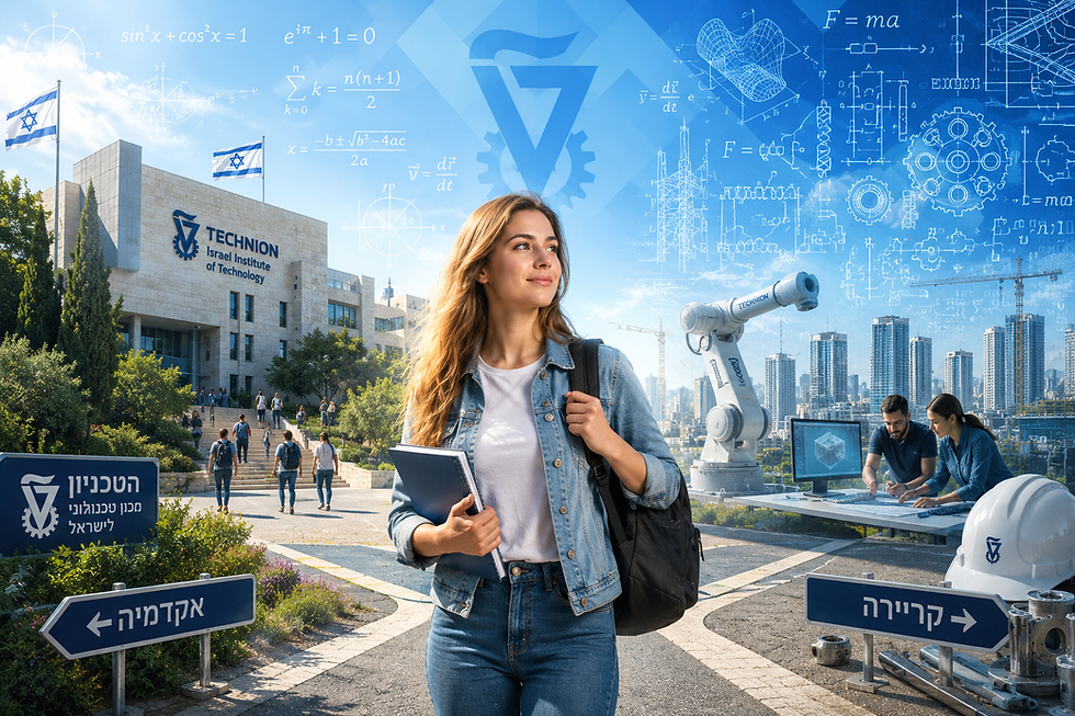 A confident young student wearing casual clothes stands at a crossroads between a university campus and a professional engineering environment. In the background are symbolic elements of Israeli higher education, mathematics formulas, engineering diagrams, and a modern university building resembling Technion architecture. Bright blue and white color palette, optimistic and academic atmosphere.