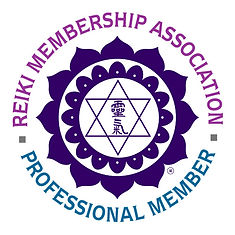 The words Reiki Membership Association Professional Member encircling a purple mandala with a 6 pointed star and Reiki emblem