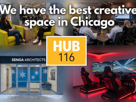 A collage with different spaces within Hub 116 building.