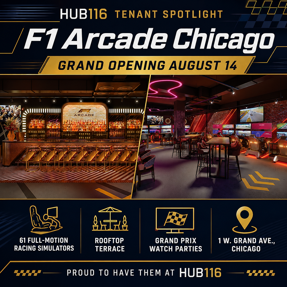 We’re excited to spotlight one of our HUB116 tenants, F1 Arcade Chicago, with its grand opening coming soon in River North.