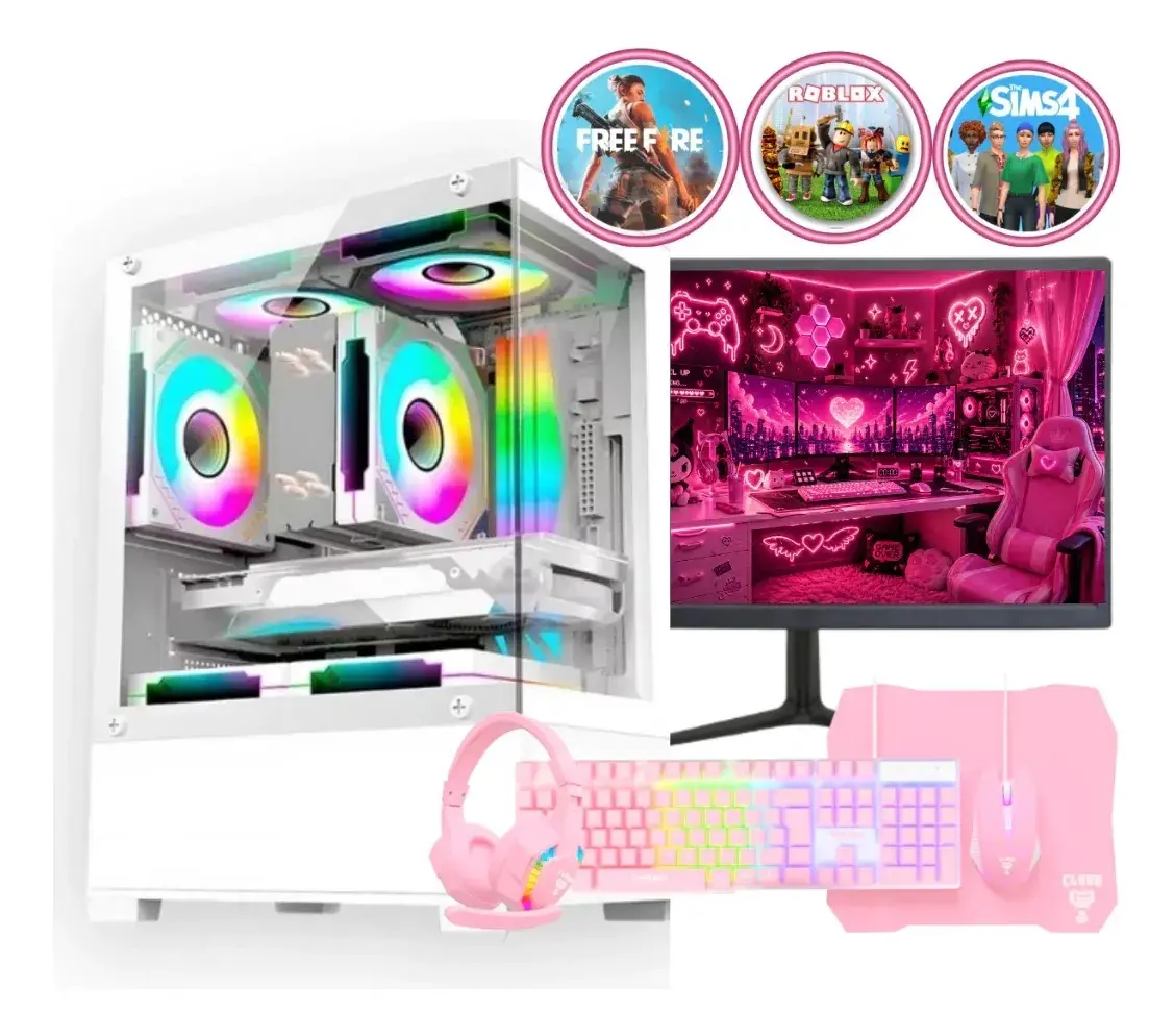 Pc Gamer Branco I5 Ram 16gb Ssd 240gb Monitor Kit Gamer Rosa