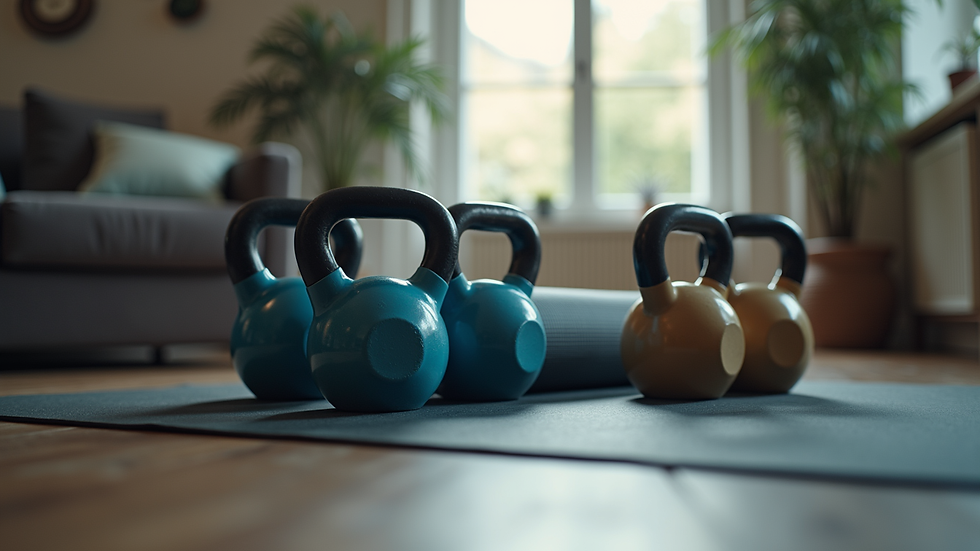 Eye-level view of a compact home gym setup with kettlebells and yoga mat