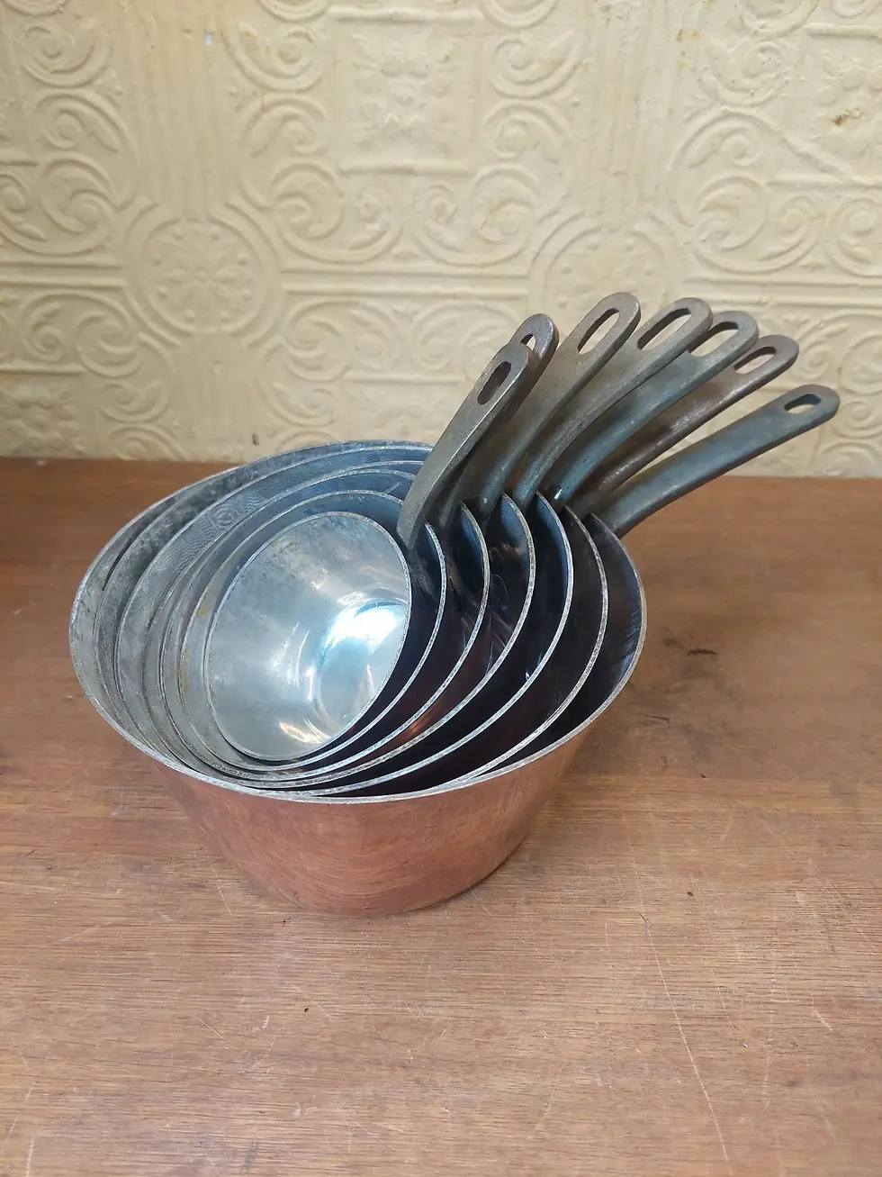 Thumbnail: Set Of 7 Vintage French Stamped Copper Windsor Pans With Riveted Iron Handles
