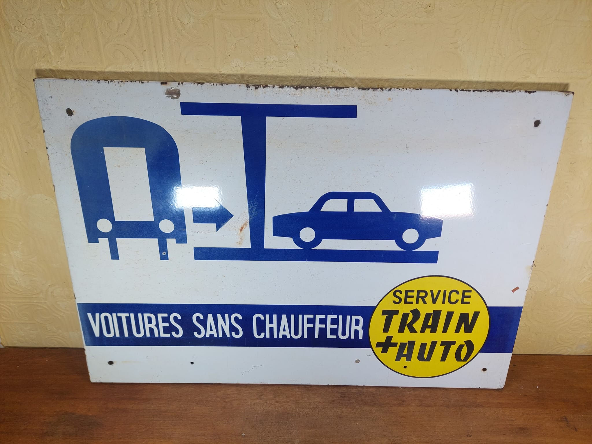 Vintage French Enamel Advertising Sign For Car Travel By Train