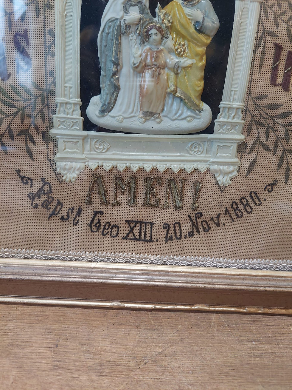 Thumbnail: Antique German Religious Embroidered Punch Paper Sampler 1880