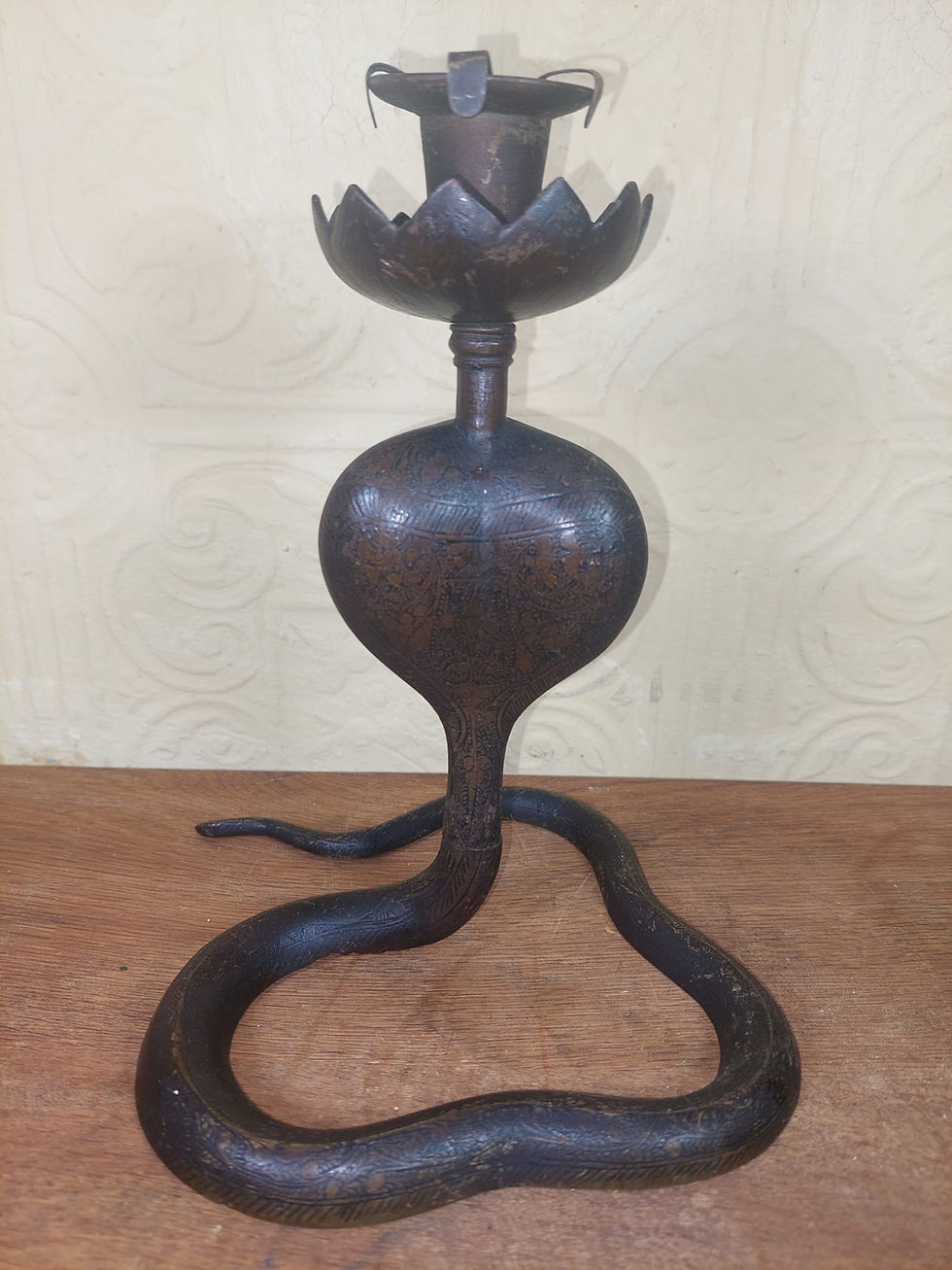 Thumbnail: Pair of Antique Bronze Cobra Snake Candlestick Holders