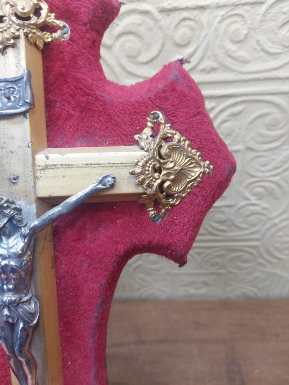 Thumbnail: Antique French Crucifix On Red Velvet With Holy Water Font