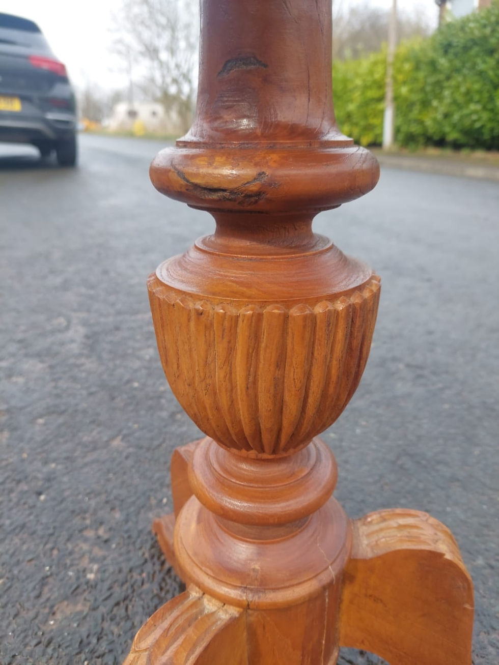 Thumbnail: Vintage Wooden Table Stand With Round Top & Carved / Turned Body & Legs