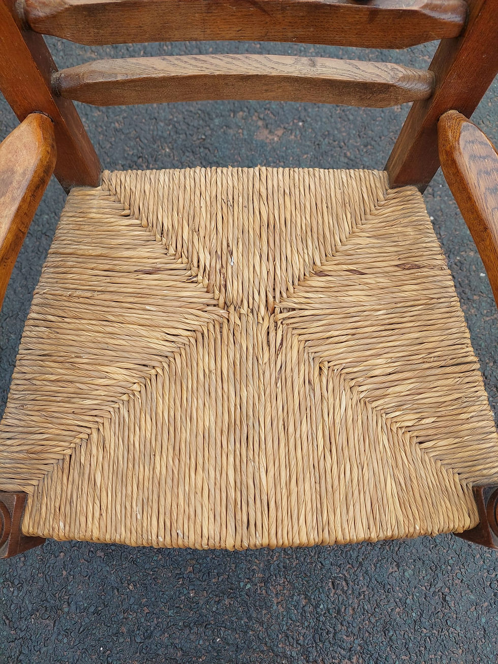 Thumbnail: Antique Lancashire Spindleback Rocking Chair With Rush Seat