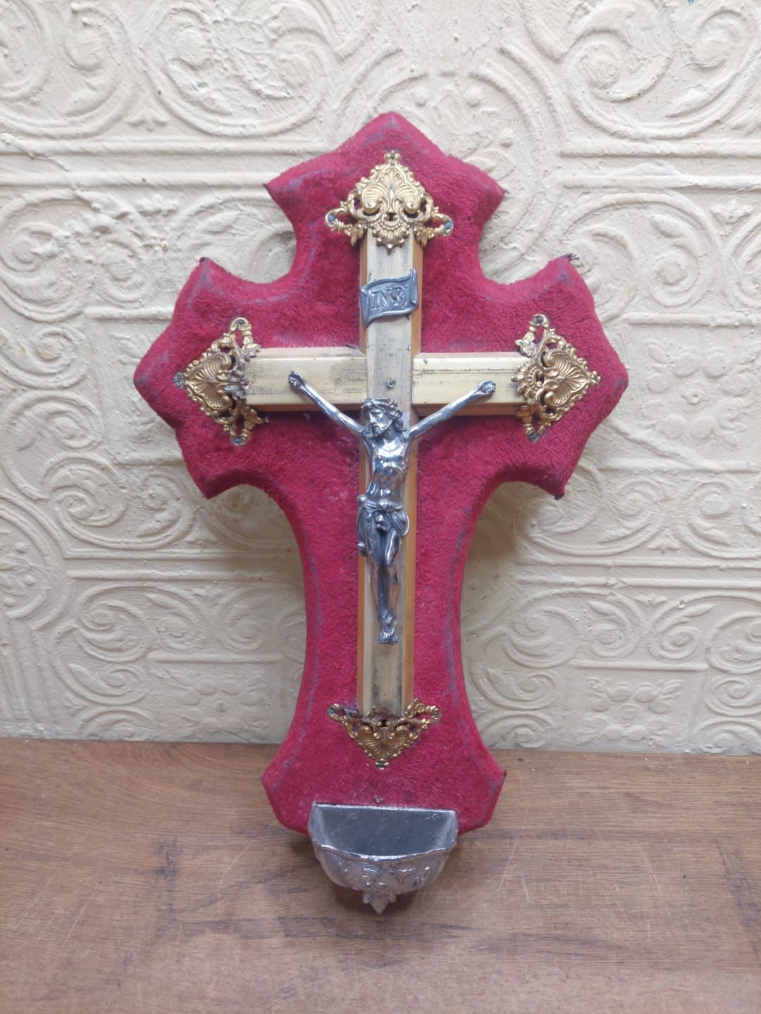 Antique French Crucifix On Red Velvet With Holy Water Font