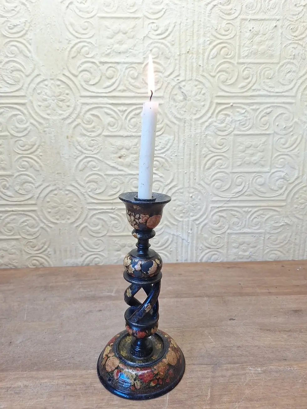 Thumbnail: Antique Kashmir Open Twist Wooden Laquered Candlestick Table Lamp