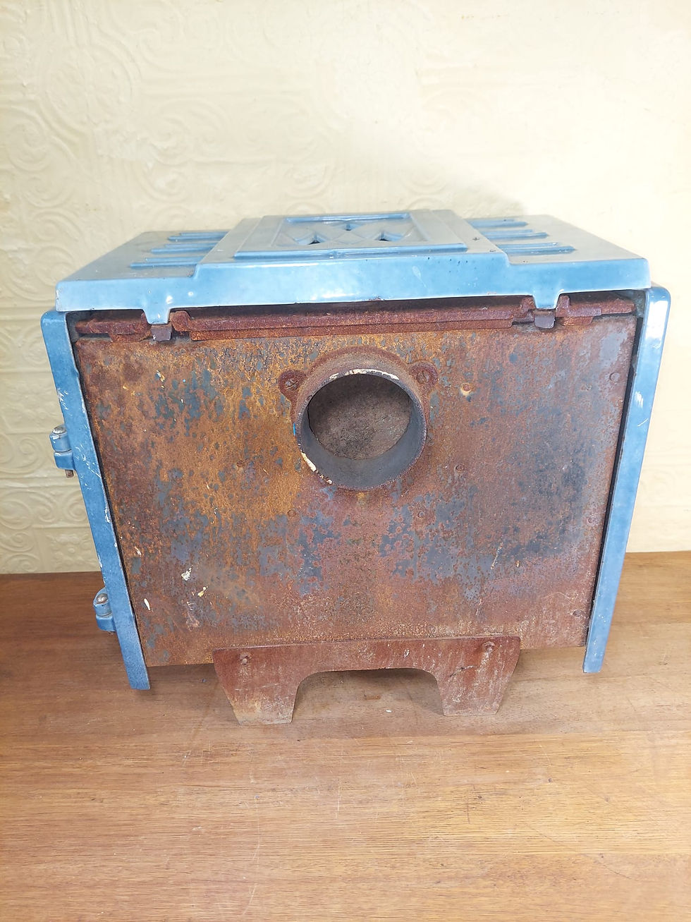 Thumbnail: Vintage French Cast Iron Stove With Blue Enamel In Art Deco Style