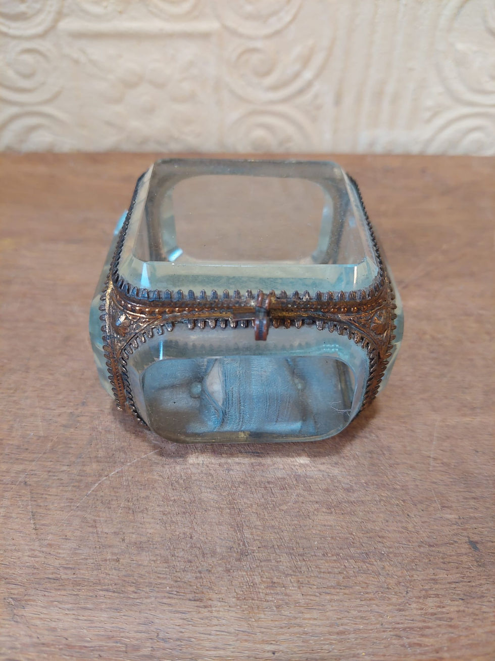 Thumbnail: Antique French Small Bevelled Glass Trinket Box With Cushioned Base