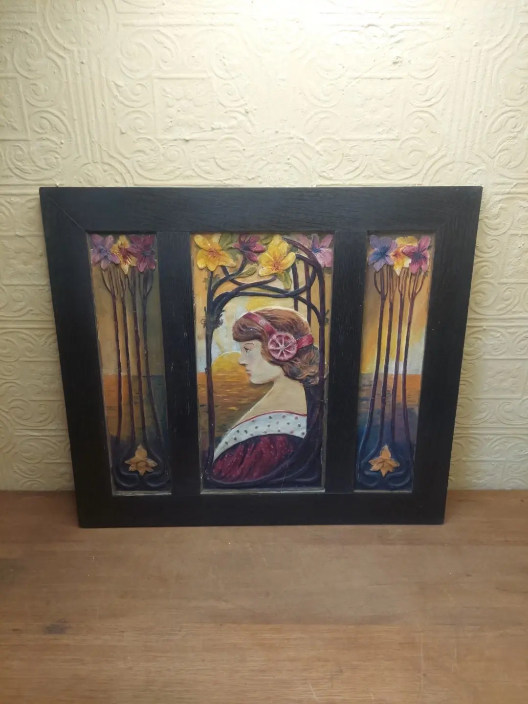 Original Art Nouveau Triptych Painted Plaster Bas Relief With Oak Frame