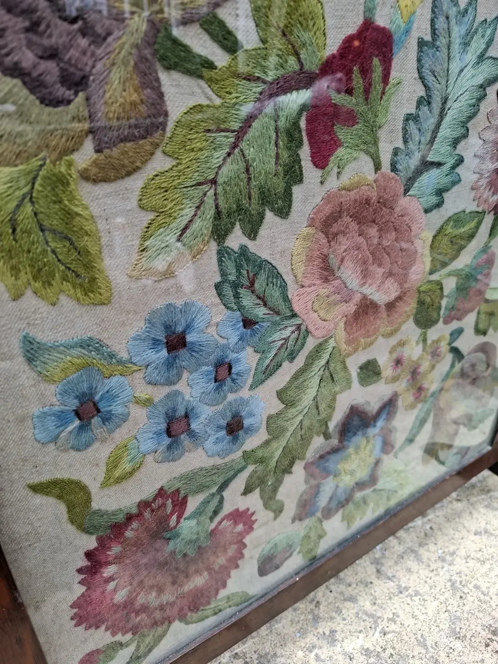 Thumbnail: Vintage Wooden Fire Screen Guard With Floral Embroidery Design