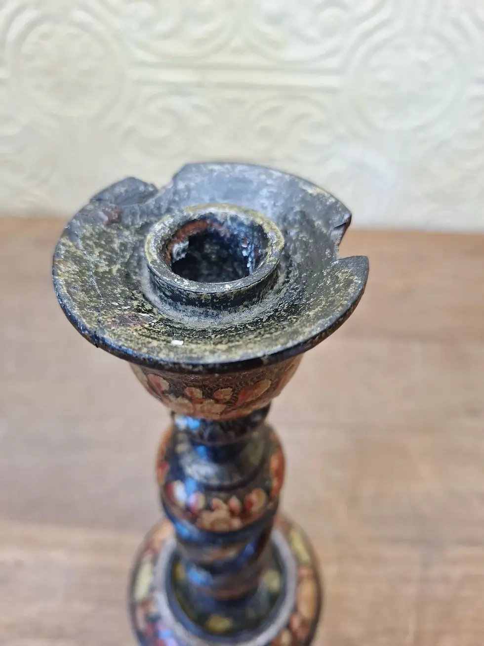 Thumbnail: Antique Kashmir Open Twist Wooden Laquered Candlestick Table Lamp