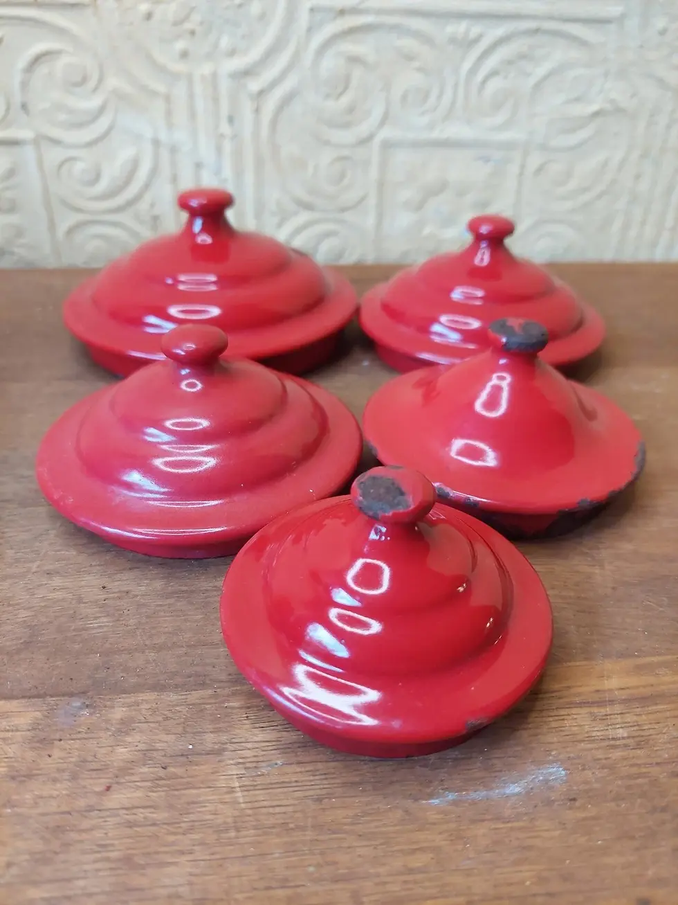 Thumbnail: Set Of 5 Vintage French "Saint Servais" Enamel Kitchen Storage Cannisters