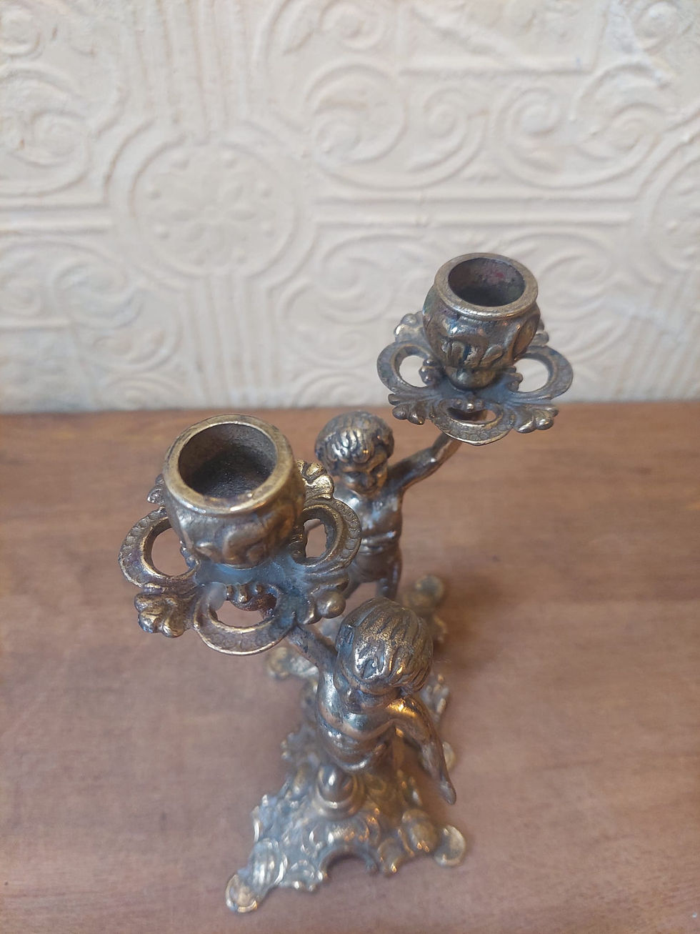 Thumbnail: Pair Of French Vintage Brass Candlesticks With Children