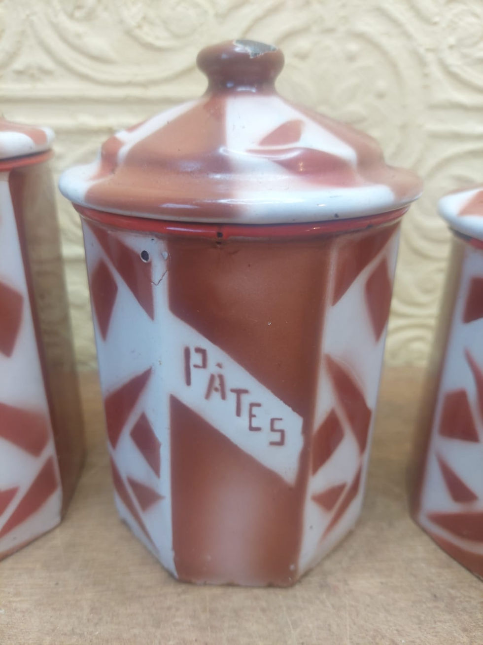 Thumbnail: Set Of 5 Vintage French Enamel Kitchen Cannisters