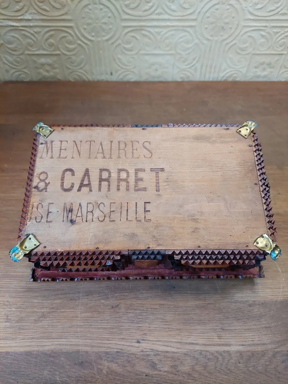 Thumbnail: Vintage 1920s French Wooden Tramp Art Sewing / Jewellery Box