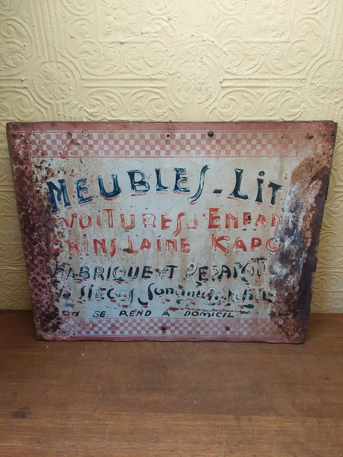 Vintage French Hand Painted Shop Sign For Beds & Bedding