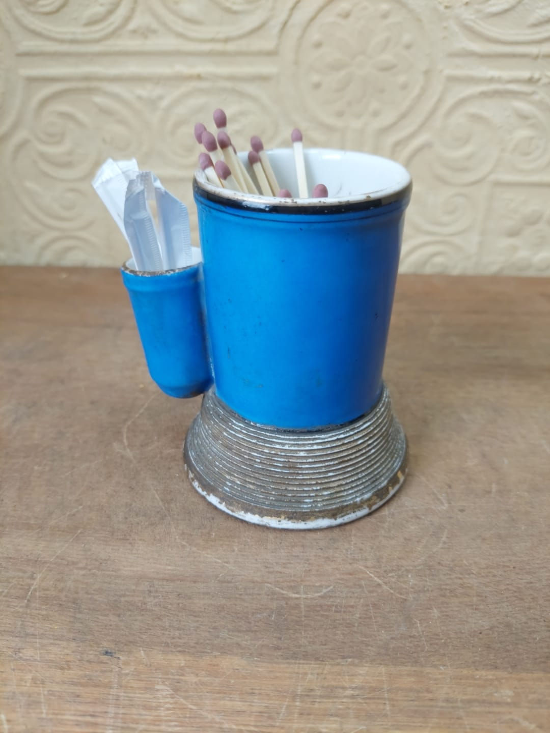 Antique French Ceramic Double Pyrogene Match Striker & Tooth Pick Holder