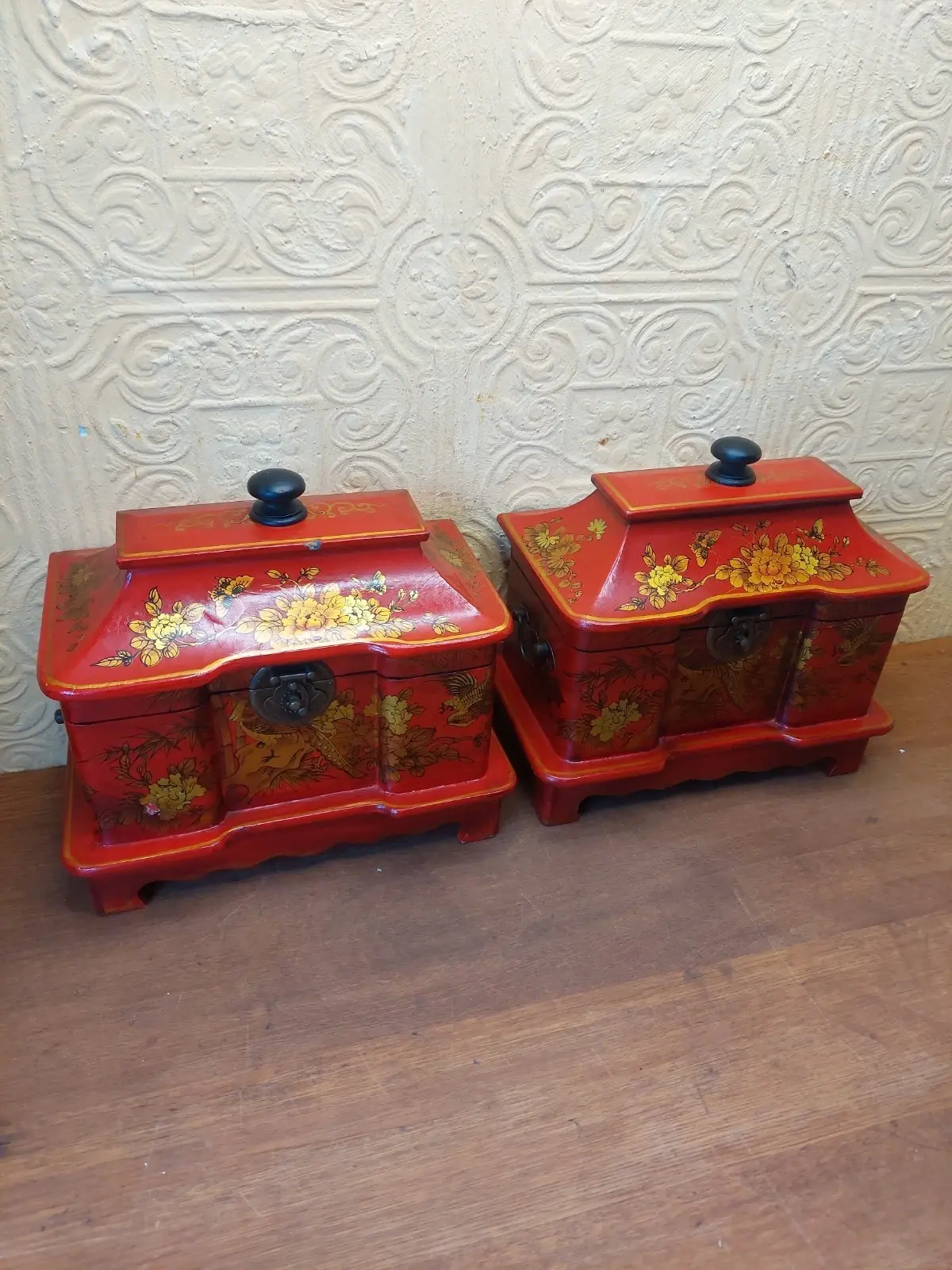 Pair Of Red Laquered Chinese Casket Boxes