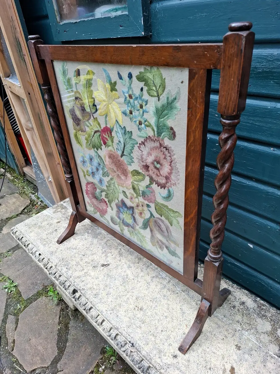Thumbnail: Vintage Wooden Fire Screen Guard With Floral Embroidery Design