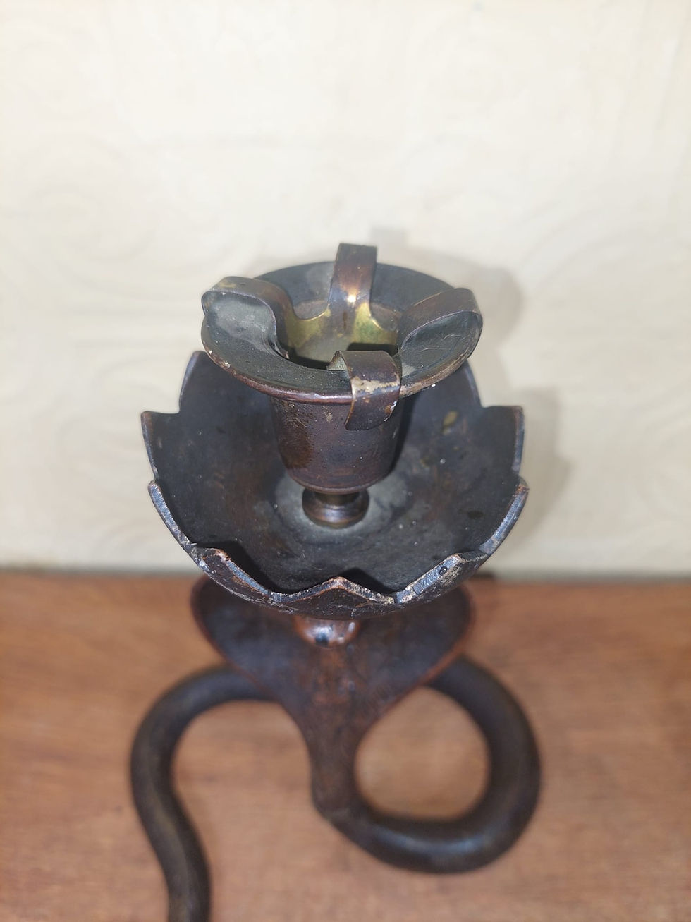 Thumbnail: Pair of Antique Bronze Cobra Snake Candlestick Holders