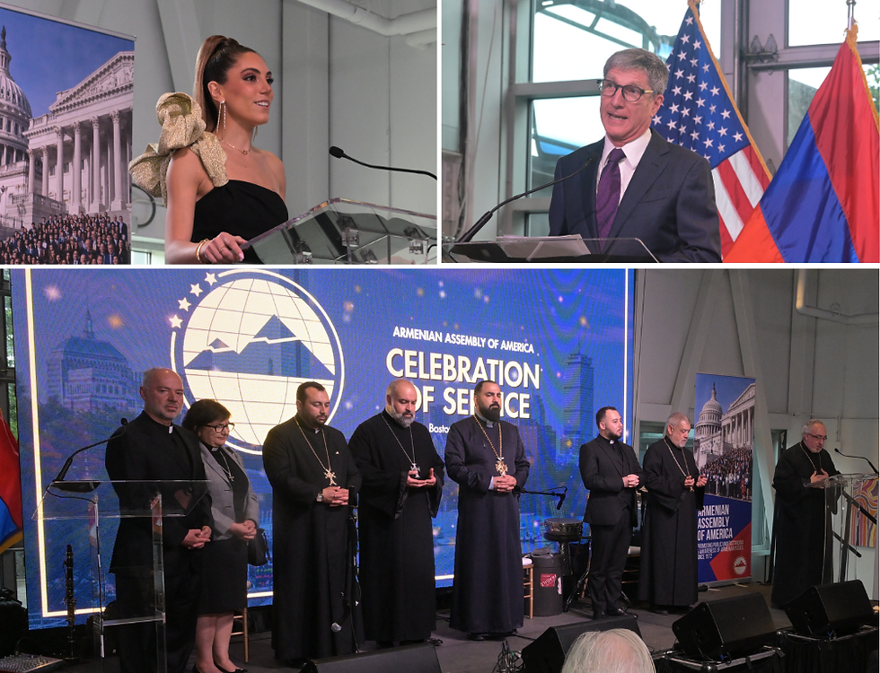 Top: Kristina Ayanian and Dr. Henry Ben Morgenthau IV emcee the Celebration of Service. Bottom: The Very Reverend Father Simeon Odabashian, Vicar of the Eastern Diocese of the Armenian Church of America, delivers the invocation, joined by clergy of the greater Boston Armenian community