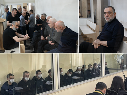 Collage of Armenian hostages and former Artsakh officials on trial in Baku, including Ruben Vardanyan, Arkady Ghukasyan, Bako Sahakyan, Arayik Harutyunyan, David Ishkhanyan, Davit Babayan, Levon Mnatsakanyan, and Davit Manukyan.
