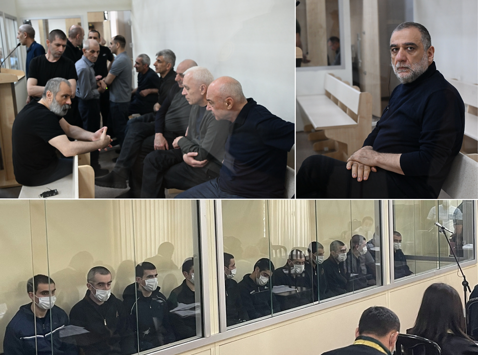 Collage of Armenian hostages and former Artsakh officials on trial in Baku, including Ruben Vardanyan, Arkady Ghukasyan, Bako Sahakyan, Arayik Harutyunyan, David Ishkhanyan, Davit Babayan, Levon Mnatsakanyan, and Davit Manukyan.