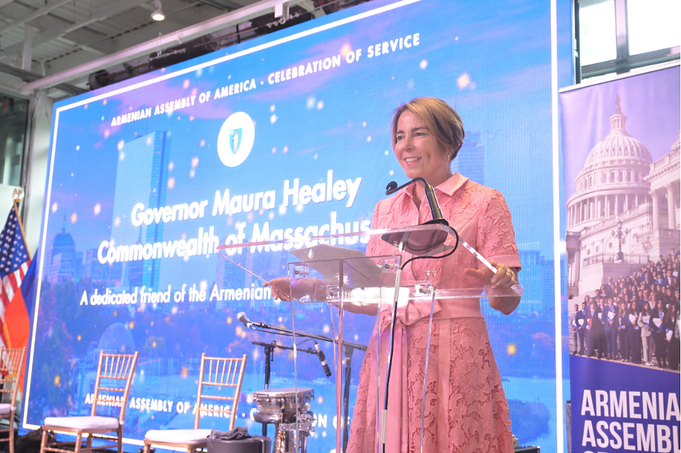 Governor Maura Healey of the Commonwealth of Massachusetts addresses guests at the Armenian Assembly Celebration of Service, Artists for Humanity EpiCenter, Boston
