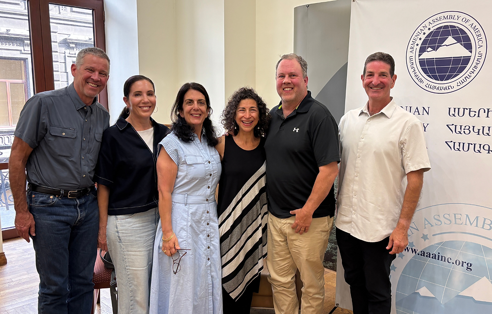 Left to right, Richard White, Ruth Zeronian Edwards, Tanya Koshgarian Chakmakian, Lisa A. Kazanjian, Steve Coyne, and Jon Hanessian. Members of the Terjenian-Thomas Internship Class of 1986 and their families.