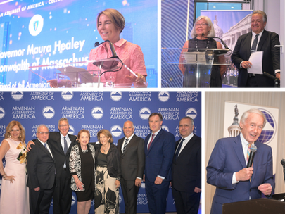 l-r: Governor Maura Healey of the Commonwealth of Massachusetts, Anna Afeyan, Dr. Noubar Afeyan, Armenian Assembly Honorees and Co-Chairs, Senator Edward Markey (D-MA)
