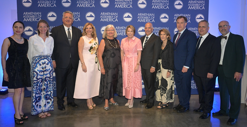(l-r): Board Member Valina Agbabian, French National Assembly Member Astrid Panosyan-Bouvet, Dr. Noubar Afeyan, Co-Chair Talin Yacoubian, Anna Afeyan, Governor Maura Healey, Anthony J. Barsamian, Carolyn G. Mugar, Bryan Ardouny, Co-Chair Oscar Tatosian, and Board Member Herman Purutyan