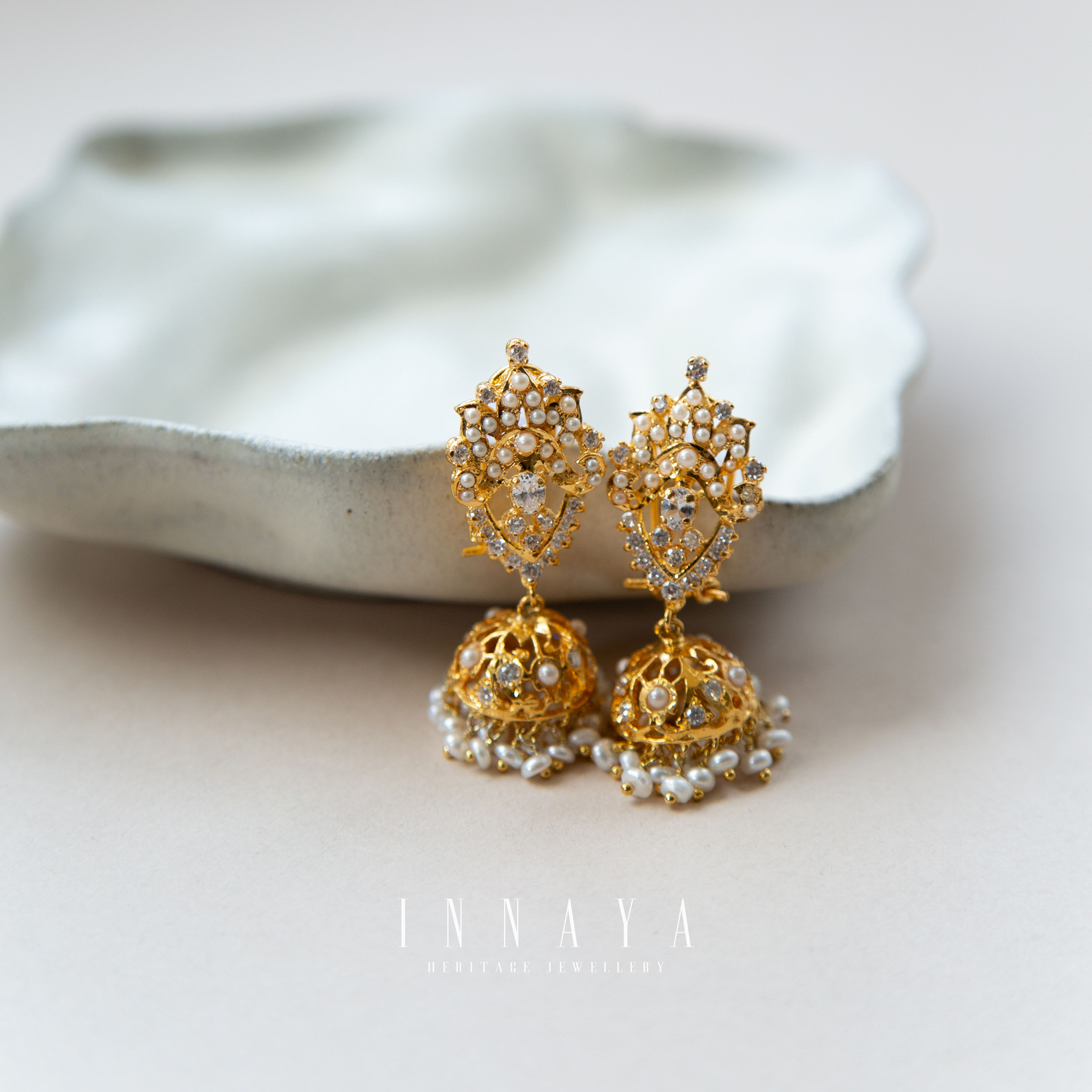 Freya Jhumki Pearl & Zirconia Earrings