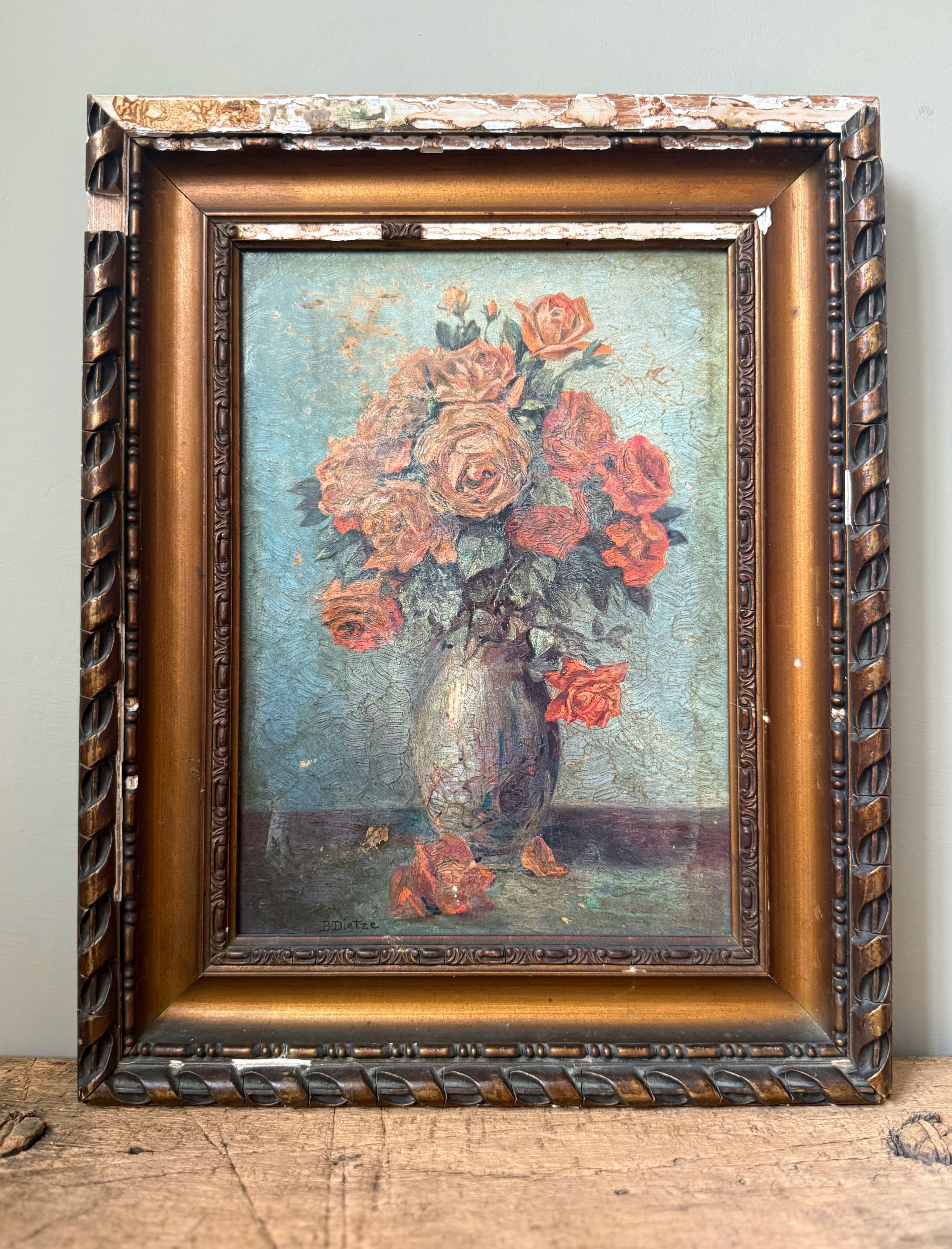 Framed Oil on Board of Roses 