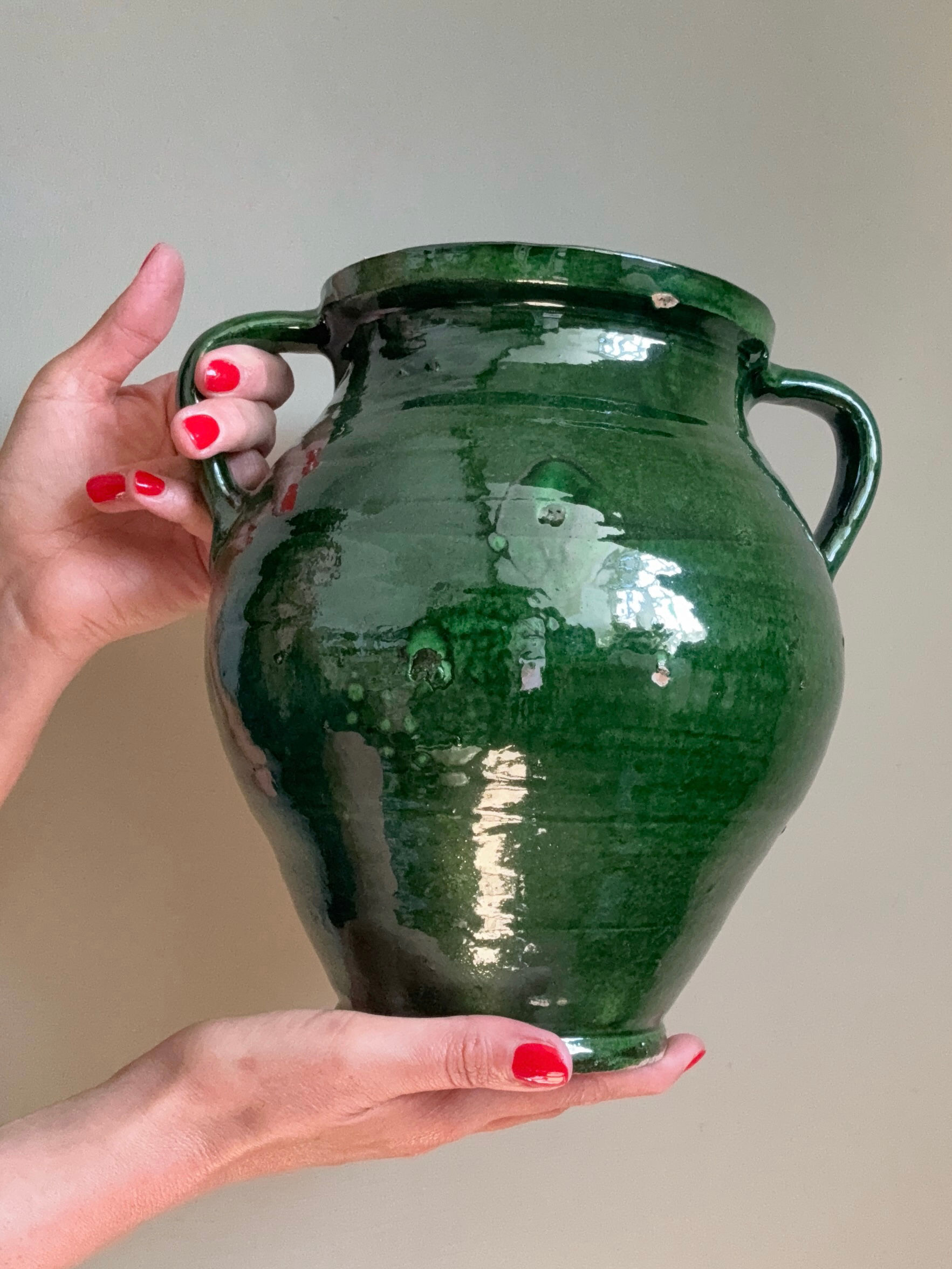 Dark Green Glazed Two Handled Pot