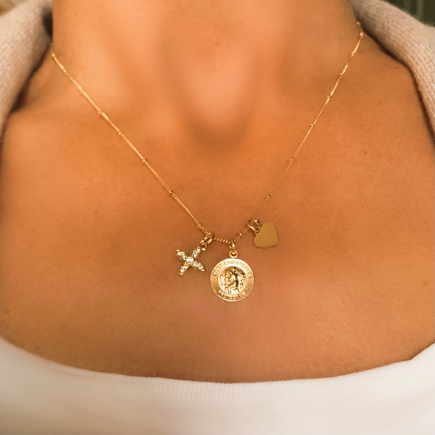 Small St. Christopher, Heart and Cross on Beautiful Chain