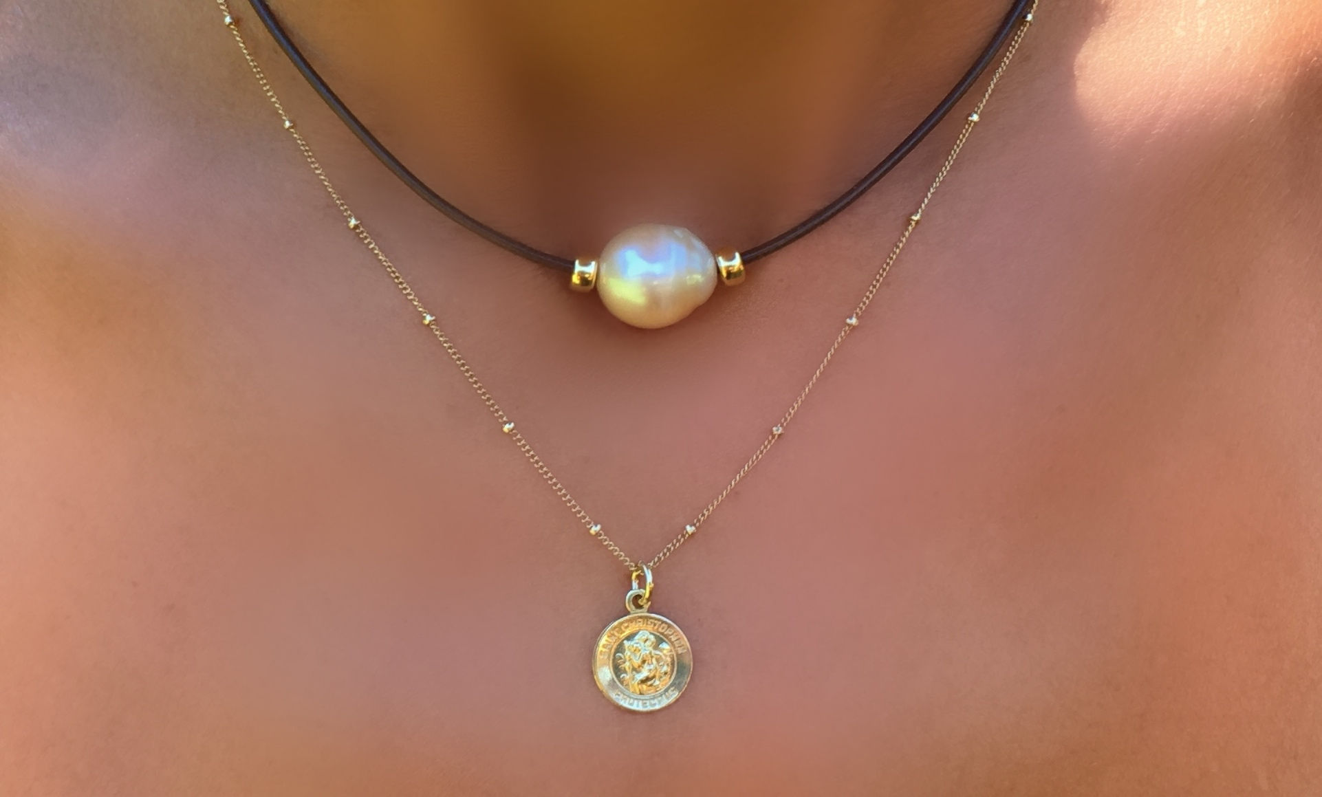 Leather Pearl Nene and Small St. Christopher - 2 Necklaces