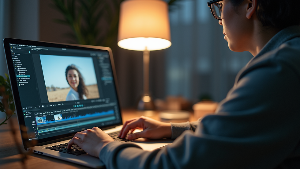 Close-up view of a student editing a video reel on a laptop