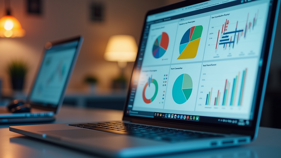 Eye-level view of a laptop screen showing a colorful digital workspace with charts and notes