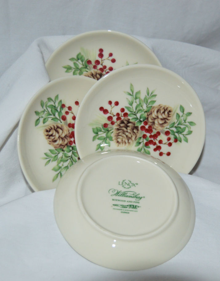 Lenox Williamsburg Boxwood and Pine 4 Inch Dipping Plates w/Pinecone red berries and greenery-Set of 4-Bottom