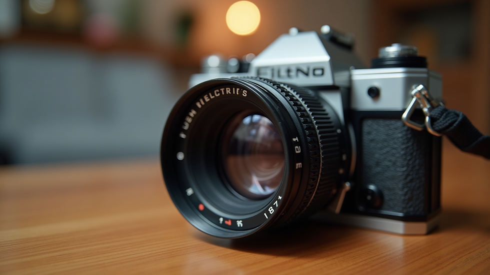 Close-up view of vintage camera on wooden table