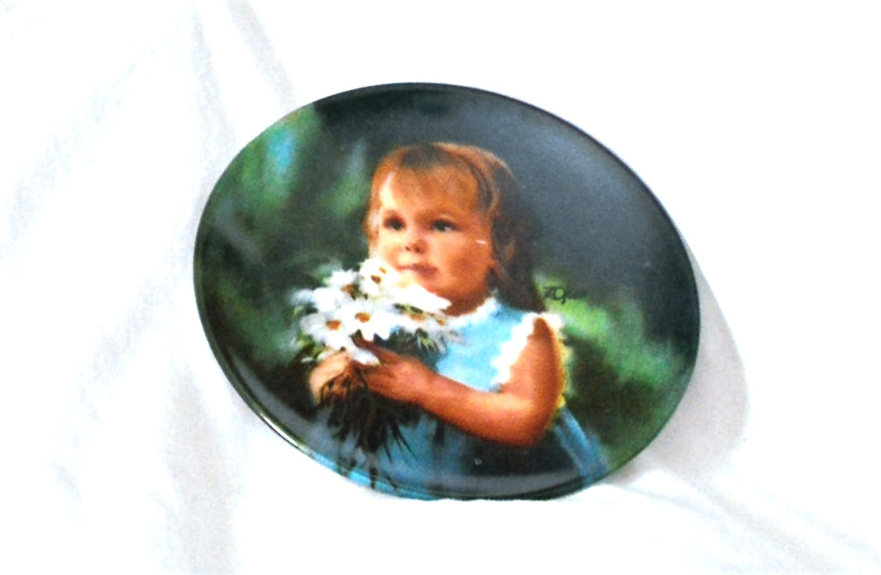 Vintage Mini Porcelain Collector Plate "For You" by Donald Zolan features a young child holding a bouquet of daisies-Front